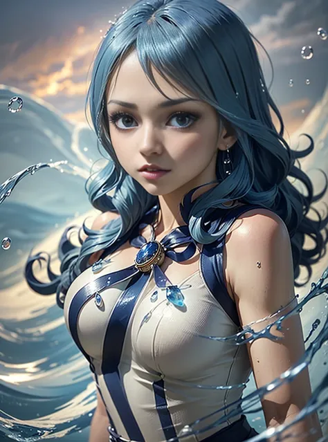 (juvia lockser:1.2), (fairy tail:1.2), water mage, (flowing blue hair:1.2), ((masterpiece:1.4, best quality)), ((masterpiece, be...