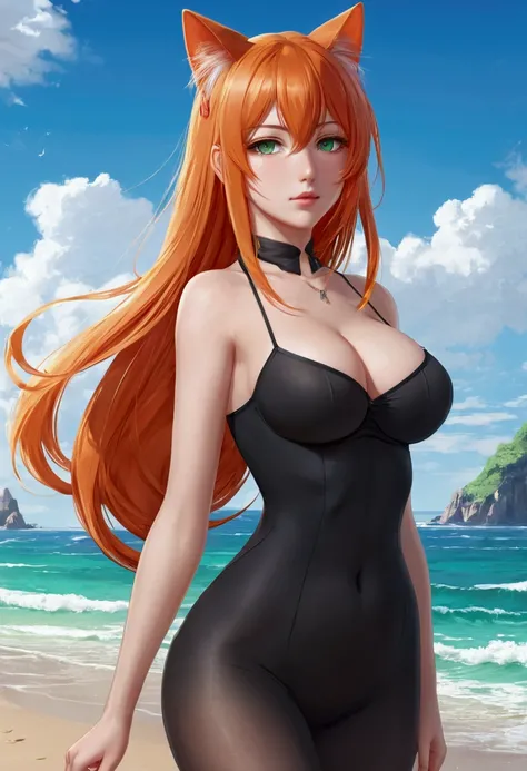 anime girl with long orange hair standing on beach near ocean, green eyes detailed digital anime art, cat ears, , anime girl with long hair, smooth anime cg art, anime girl with long hair, average breast size, digital anime art, artwork in the style of guw...