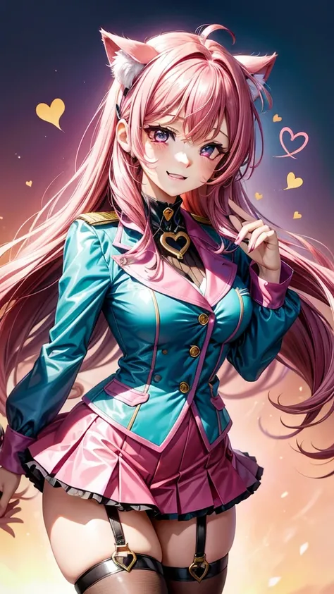 Magenta hair, hazel eyes, older woman, hair accessories, cat ears, long hair, smiling face, bright colors, sexy uniform outfit, teal pink and gold clothes,  hearts