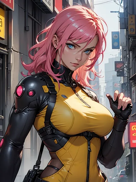 Fake body and  , Mature woman  in metal rising revengeance body details, foto de busto, big pink hair, shining blue eyes, wearing a mustard yellow jumpsuit, breasts big, looking 35 years old, eye on the spectator, Look to the camera, , the background is a ...