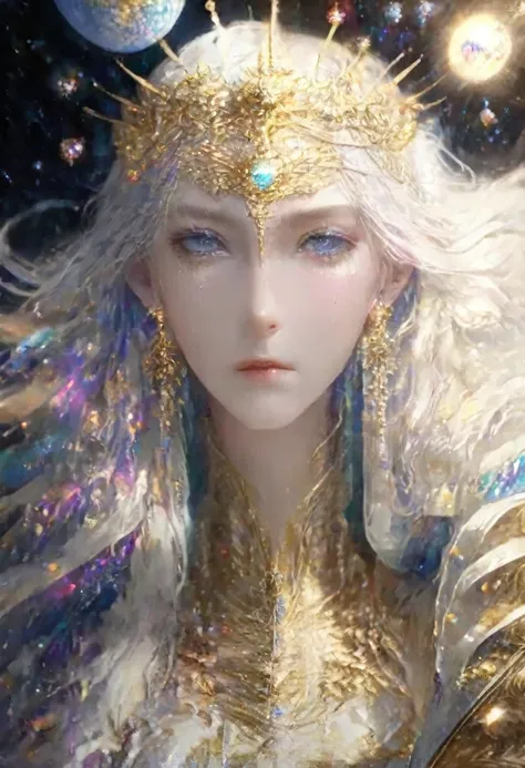 (Celestial Empress:1.2), (cosmic queen:1.2), flowing luminescent gown, stardust and galaxies, ((masterpiece:1.4, best quality)), ((masterpiece, best quality)), (photo realistic:1.4), 1woman, (regal empress), ((hair like a river of light)), shimmering stars...