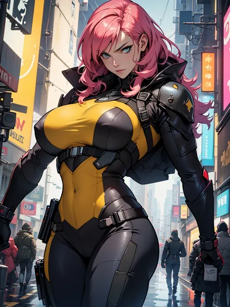 Fake body and  , Mature woman  in metal rising revengeance body details, foto de busto, big pink hair, shining blue eyes, wearing a mustard yellow jumpsuit, breasts big, looking 35 years old, eye on the spectator, Look to the camera, , the background is a ...