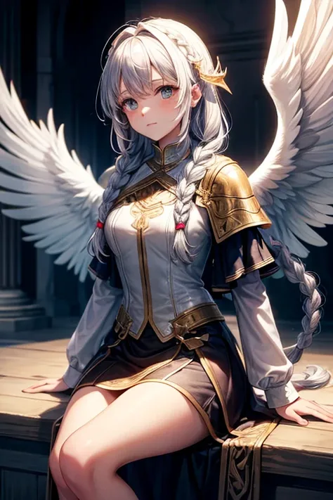 Woman with braided hair, knight outfit with angel wings