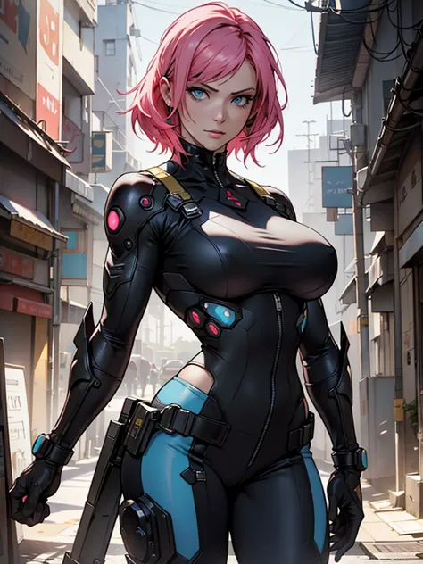 Fake body and  , Mature woman  in metal rising revengeance body details, foto de busto, big pink hair, shining blue eyes, wearing a mustard yellow jumpsuit, breasts big, looking 35 years old, eye on the spectator, Look to the camera, , the background is a ...