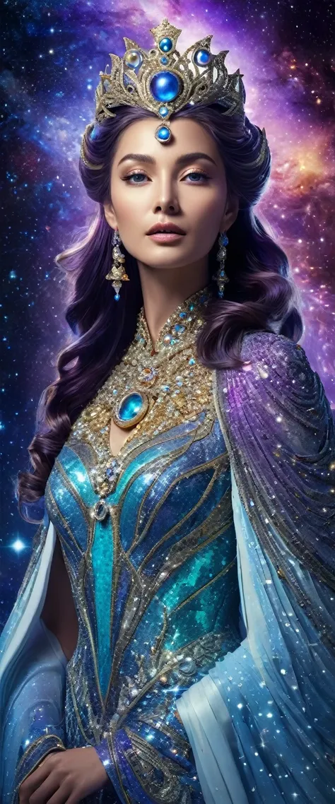 (Celestial Empress:1.2), (cosmic queen:1.2), flowing luminescent gown, stardust and galaxies, ((masterpiece:1.4, best quality)), ((masterpiece, best quality)), (photo realistic:1.4), 1woman, (regal empress), ((hair like a river of light)), shimmering stars...