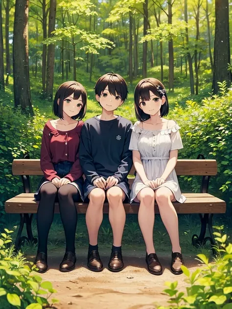 family sitting in a bench, forest background, cute, 