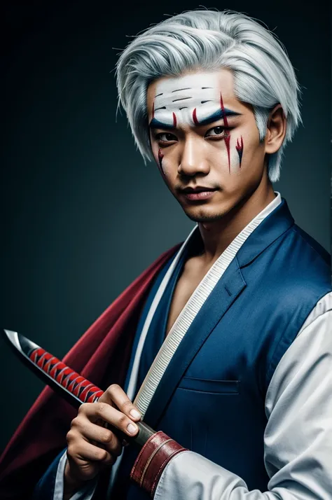 Young Asian man with medium white hair with clown makeup holding a katana in his right hand 