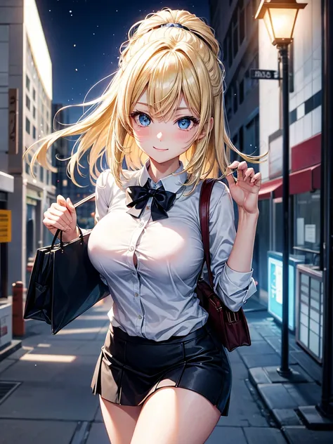 Anime style, super fine illustration, highly detailed, beautiful detailed, pale tone image, static representation, gentle expression, 8k, pretty 1girl with blonde straight short hair & blue eyes & a bright smile & huge breasts & soft fair skin is wearing a...