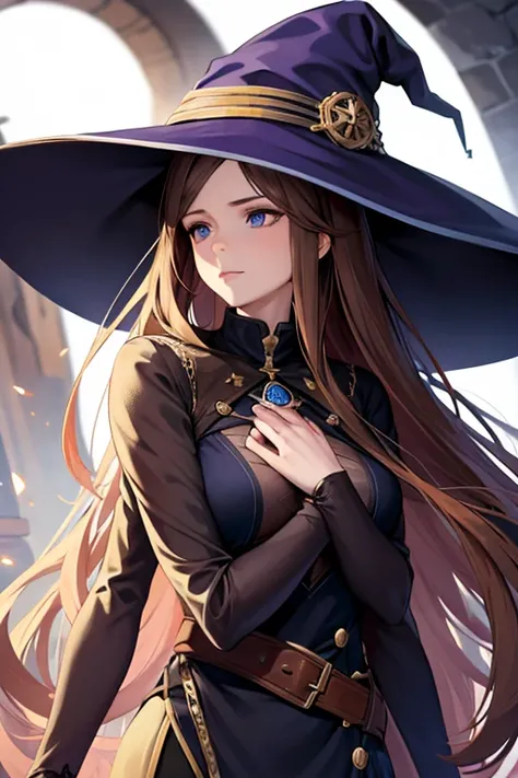 young woman, long brown hair blue eyes, witch, he would be, murderess, big chest