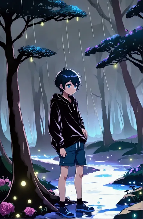 (arte de qualidade, realist art) (A black rose with elegant flowers(on a rainy and stormy day) in a forest full of fireflies at night) (a boy hiding behind a tree, I sell to Rosa admired) wearing blue shorts with white details, wearing a purple shirt, with...