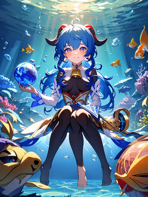 [(Transparent background:1.5)::5],(((masterpiece))),(((best quality))),(((extremely detailed))),illustration, 1girl,ganyu_genshin_impact,mysterious,vivid color,shiny, underwater transparent sealed hemispherical glass dome, full body,barefoot,long hair tran...