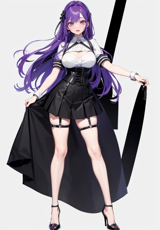 Purple Hair,Long Hair,Adult female,(((Body Harness))),((Roll up your sleeves)),(corset),(Tight Skirt),(High heels),((Simple white background)),smile,((full body)),((whole body))