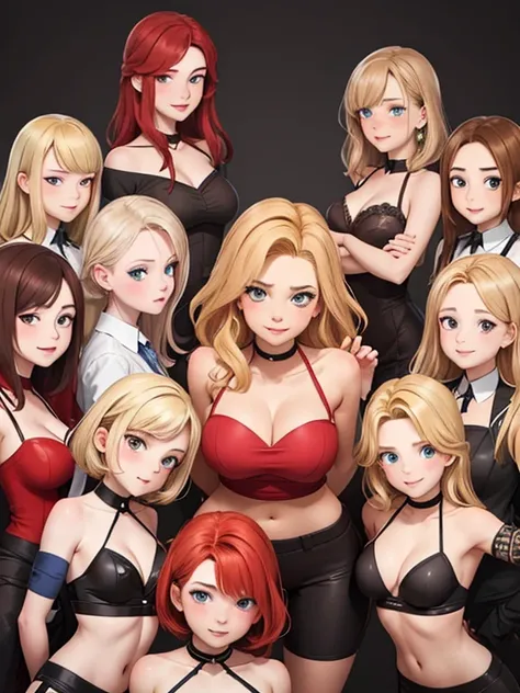 (Best quality, masterpiece), group photo of eight very different beautiful students, different emotions, Free poses, Different hair colors(among them there is always 1 redhead, 3 blondes, 2 brown-haired and 2 brunettes), Different hairstyles, different hai...