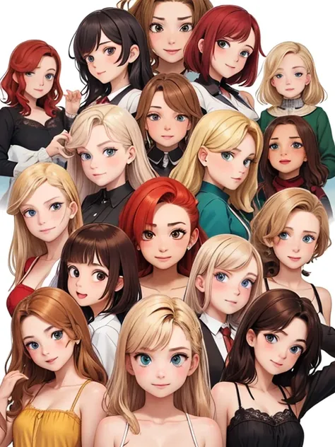 (Best quality, masterpiece), group photo of eight very different beautiful students, different emotions, Free poses, Different hair colors(among them there is always 1 redhead, 3 blondes, 2 brown-haired and 2 brunettes), Different hairstyles, different hai...