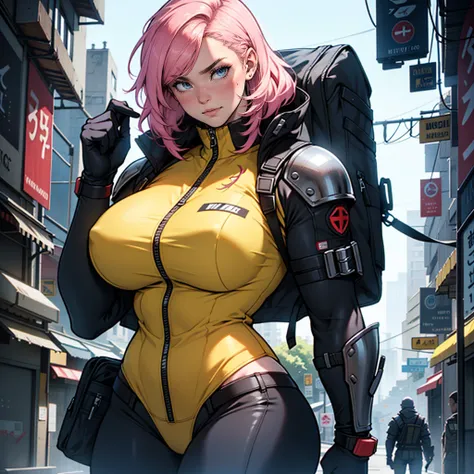 Fake body and , Mature woman in metal rising revengeance body details, huge masive breats, foto de busto, big pink hair, shining blue eyes, wearing a mustard yellow jumpsuit, massive fake breasts big, looking 35 years old, eye on the spectator, Look to the...