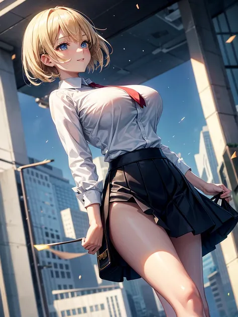 Anime style, super fine illustration, highly detailed, beautiful detailed, pale tone image, static representation, gentle expression, 8k, pretty 1girl with blonde straight short hair & blue eyes & a bright smile & huge breasts & soft fair skin is wearing a...