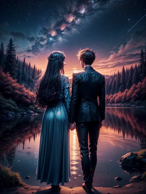 A night fantasy landscape where a couple has their backs turned, holding hands looking at the beautiful night sky, where the stars and lights form the following text inside a heart: "A&D"