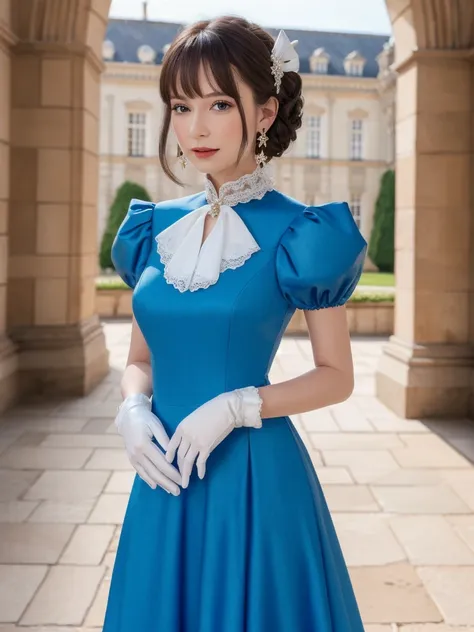 masterpiece, (Best quality:1.2), highres, (scenary:1.2), light, 1girl, solo, KatarinaClaes, asymmetrical bangs, earrings, hair bow, blue dress, long dress, high collar, ascot, brooch, white gloves, bracelet, scenary /( Royalty castle/), ruffles,