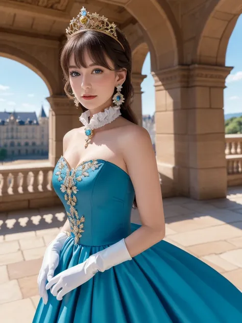 masterpiece, (Best quality:1.2), highres, (scenary:1.2), light, 1girl, solo, KatarinaClaes, asymmetrical bangs, earrings, hair bow, blue dress, long dress, high collar, ascot, brooch, white gloves, bracelet, scenary /( Royalty castle/), ruffles,