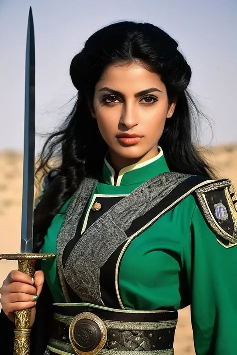 aida:gorgeous  woman, Arabic ,dressed in the F uniform.It is.p.It is. attached to uniform, worn and partially torn, with your breasts out, with blood stains, cutoff points, sparks or smoke coming from damaged areas. Add foliage to indicate an intense battl...