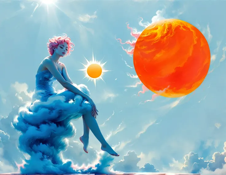 Create an illustration using the soft and ethereal qualities of watercolor. Beautiful pink skin anime model full body, sun-bathing on floating cloud along the suns surface, enticing eyes, curly hair dreamy, background thick clouds,, hyperdetailed, detailed...