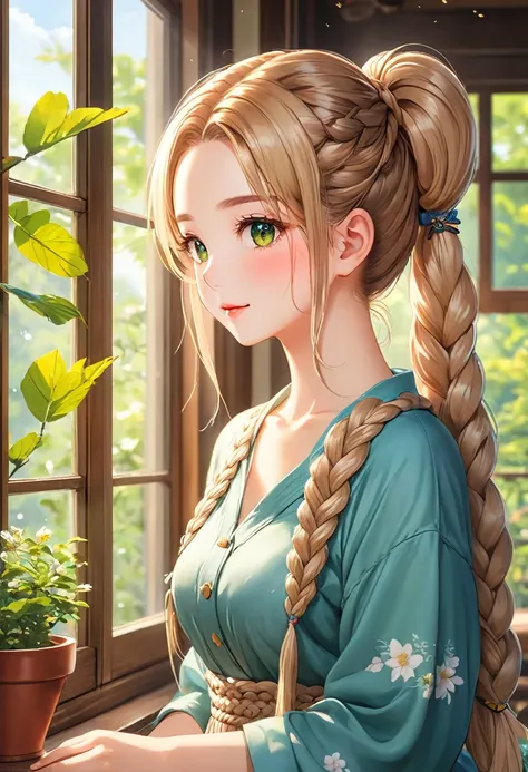 Highest quality、High resolution、Detailed Background、Beautiful face in every detail、Highly detailed face、Detailed eyes、Teenage beauty、Huge breasts、Perfect body line、Light color hair、Braided bob cut、Braided Ponytail、Braided twin tails、well-groomed eyebrows、
...