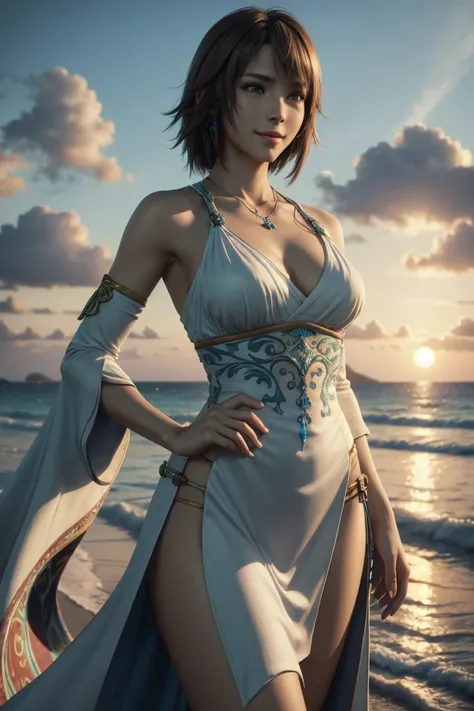 The best one,Yuna,Final Fantasy 10,FF10,Medium Hair,Brown hair,Let your bangs down,Beautiful green and blue odd eyes,,Beautiful and tall nose,Photorealistic,Ultra HD,high quality,masterpiece,Digital SLR,Detailed details,Intricate details,Anatomical basis,D...