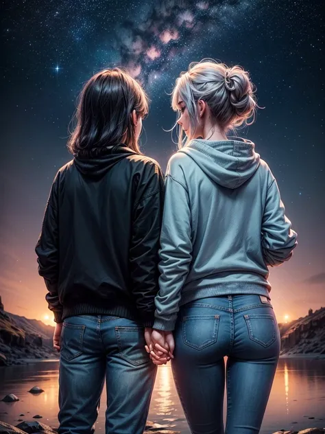 A night fantasy landscape where a couple has their backs turned, holding hands dressed in jeans and sweatshirts, looking at the beautiful night sky, where the stars and lights form the following text inside a heart: "A&D"