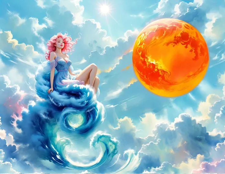 Create an illustration using the soft and ethereal qualities of watercolor. Beautiful pink skin anime model full body, sun-bathing on floating cloud along the suns surface, enticing eyes, curly hair dreamy, background thick clouds,, hyperdetailed, detailed...