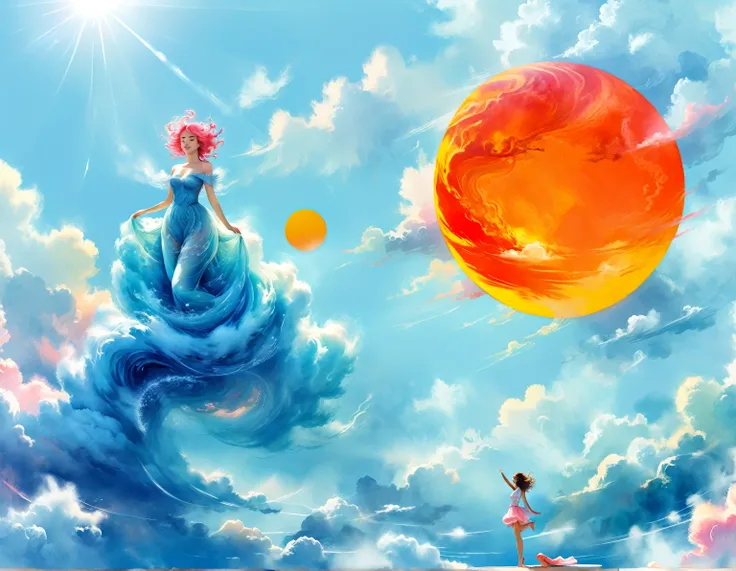 Create an illustration using the soft and ethereal qualities of watercolor. Beautiful pink skin anime model full body, sun-bathing on floating cloud along the suns surface, enticing eyes, curly hair dreamy, background thick clouds,, hyperdetailed, detailed...