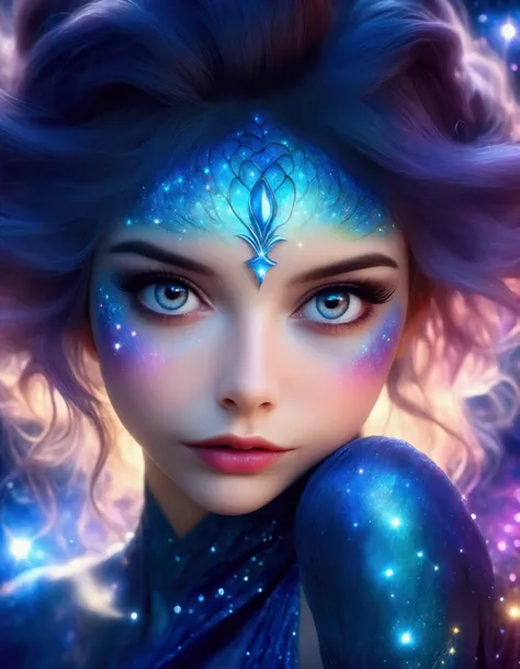 a lovely woman, 25 years old, wearing a sheer airy gown, dragon-inspired makeup, big eyes, colorful hair, dancing on a cosmic field of stars, trails of stardust and sparkles, (best quality,4k,8k,highres,masterpiece:1.2),ultra-detailed,(realistic,photoreali...