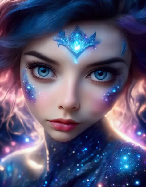 a lovely woman, 25 years old, wearing a sheer airy gown, dragon-inspired makeup, big eyes, colorful hair, dancing on a cosmic field of stars, trails of stardust and sparkles, (best quality,4k,8k,highres,masterpiece:1.2),ultra-detailed,(realistic,photoreali...