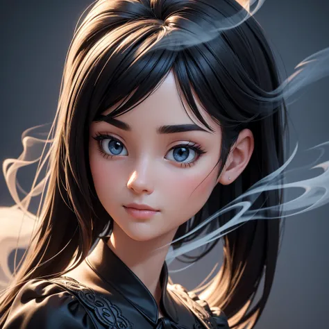 （masterpiece),((High quality)),(best beautiful:1.2),(work of art),((3D stereoscopic face)),8k resolution, (Disney-style), modern girl with a neutral face expression, close-up shot, directly facing the camera, straight long black hair, no blush, wearing a s...