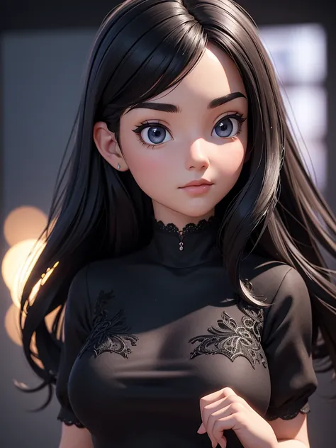 （masterpiece),((High quality)),(best beautiful:1.2),(work of art),((3D stereoscopic face)),8k resolution, (Disney-style), modern girl with a neutral face expression, close-up shot, directly facing the camera, straight long black hair, no blush, wearing a s...