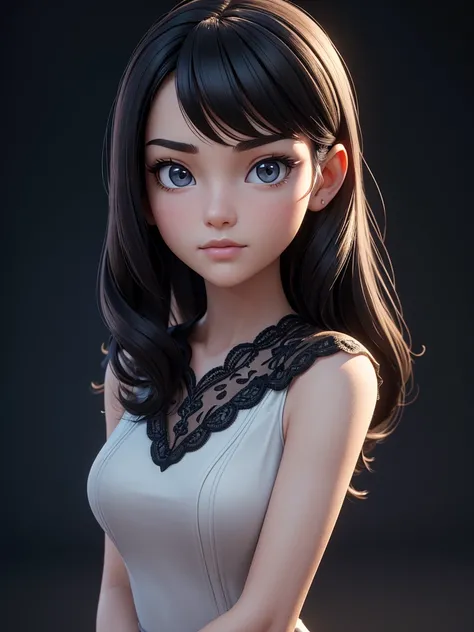 （masterpiece),((High quality)),(best beautiful:1.2),(work of art),((3D stereoscopic face)),8k resolution, (Disney-style), modern girl with a neutral face expression, close-up shot, directly facing the camera, straight long black hair, no blush, wearing a s...