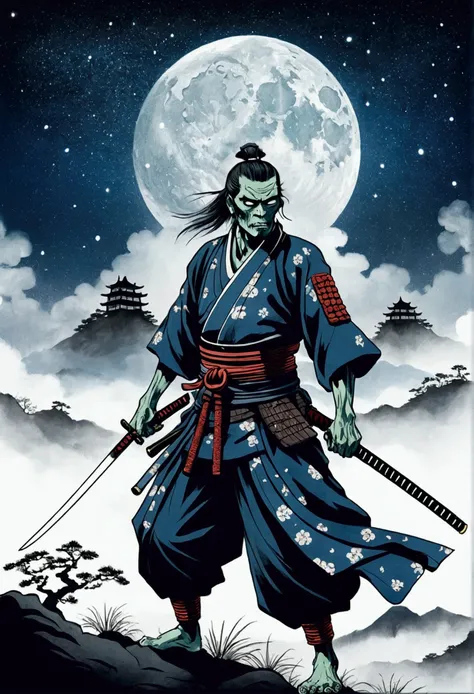 Drawing of a zombie samurai with a sword, Starry skies and mist envelop the scenery.Ukiyo-e style、Ink Wind