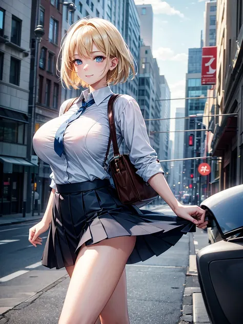 Anime style, super fine illustration, highly detailed, beautiful detailed, pale tone image, static representation, gentle expression, 8k, pretty 1girl with blonde straight short hair & blue eyes & a bright smile & huge breasts & soft fair skin is wearing a...