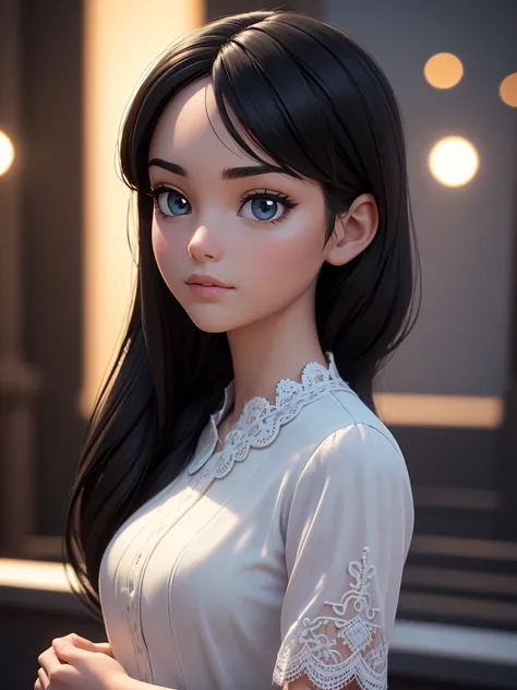 （masterpiece),((High quality)),(best beautiful:1.2),(work of art),((3D stereoscopic face)),8k resolution, (Disney-style), modern girl with a neutral face expression, close-up shot, directly facing the camera, straight long black hair, no blush, wearing a s...