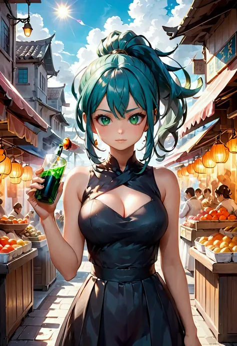 ligar místico com magia anime manga in 4D vivid colors high quality sombria art sexy big tits Madara + Bulma DBZ fênix Portrait front view of a girl standing in a mystical marketplace with green diamond hair in a flowing ponytail in a dynamic pose she is h...