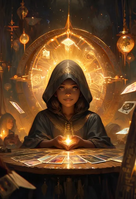 Impressionist paintings, Realistic, A smiling hooded girl, fortune teller, Tarot cards on the table, View your viewers, Dark Skin, Mysterious, Magic, Shine, Shineing, dark Magic lighting, Sulky, Cinematic, Shine, Sparkling, darkness