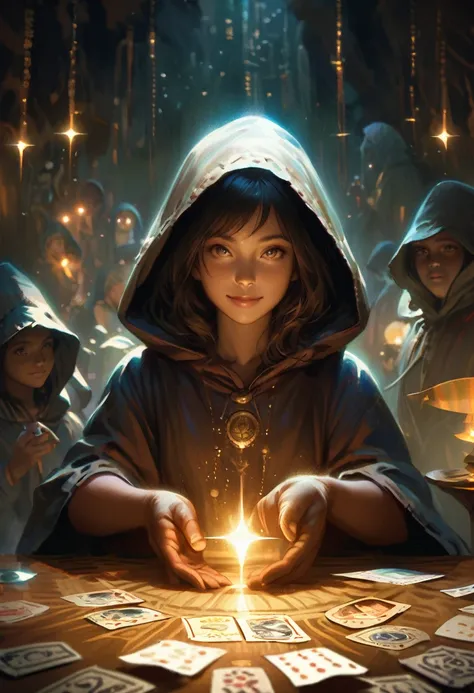 Impressionist paintings, Realistic, A smiling hooded girl, fortune teller, Tarot cards on the table, View your viewers, Dark Skin, Mysterious, Magic, Shine, Shineing, dark Magic lighting, Sulky, Cinematic, Shine, Sparkling, darkness