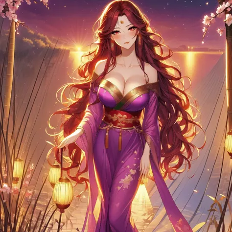 (masterpiece, best quality:1.2), 1 women, xian mei, solo, 18 year, chinese clothes, ultra long skirt, purple eyes, long dark red curly hair, jewellery, perfect anatomy,, (top view), Xian Mei, solo, mature woman, 1 girl, (masterpiece, best quality, highly d...