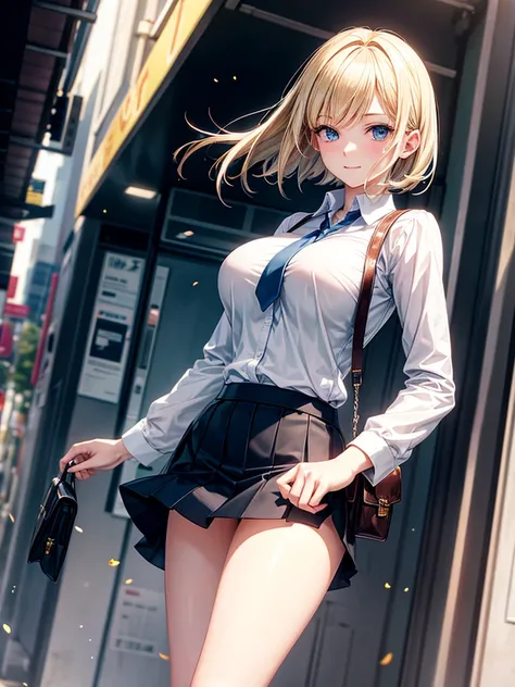 Anime style, super fine illustration, highly detailed, beautiful detailed, pale tone image, static representation, gentle expression, 8k, pretty 1girl with blonde straight short hair & blue eyes & a bright smile & huge breasts & soft fair skin is wearing a...