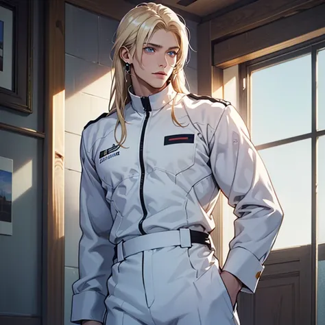 ((masterpiece)), (((best quality))), solo, 1 male, pale white skin, very light blonde hair, long hair, bob hair style, straight hair, handsome young man, blue eyes, lean, tall, slender, white jumpsuit uniform, simple earrings, highest quality, highly detai...