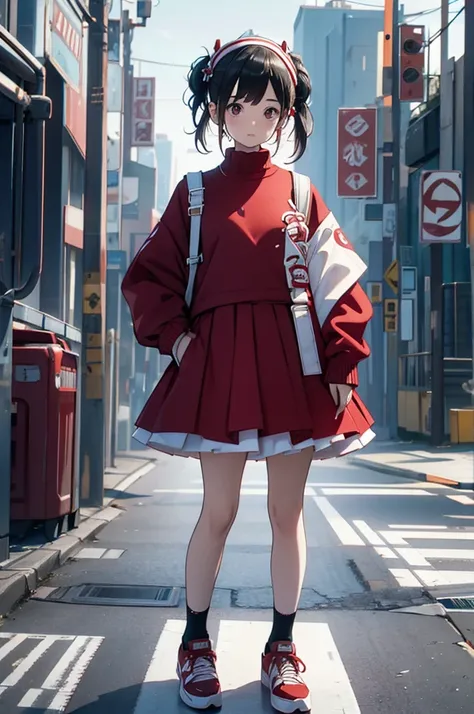 masterpiece, Highest quality, pus, hair band, Red sweater, ruffled white skirt, sneakers, Are standing, View your viewers 