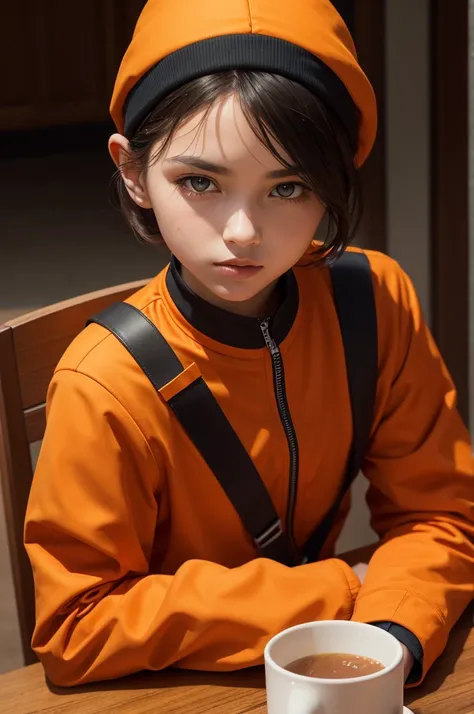 Thief sitting at the table in orange uniform 
