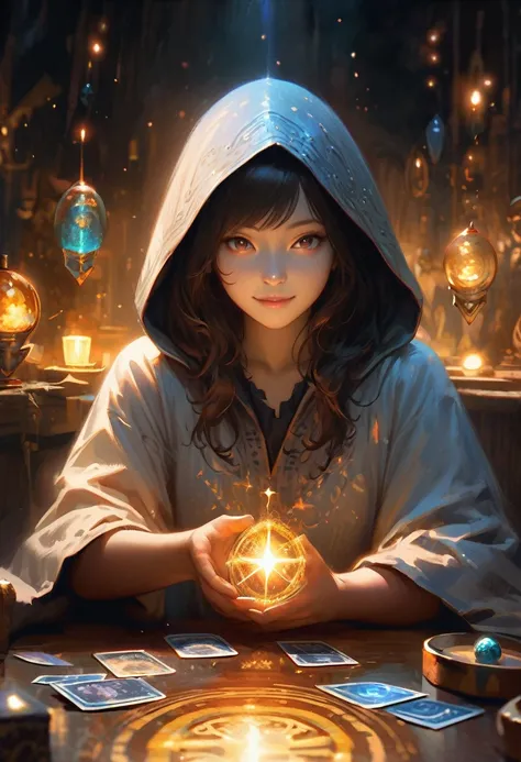 Impressionist paintings, Realistic, A smiling young hooded Asian woman, fortune teller, Tarot cards and crystals on the table, View your viewers, Mysterious, Magic, Shine, Shineing, dark Magic lighting, Sulky, Cinematic, Shine, Sparkling, darkness