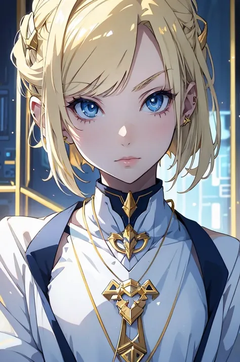 Young blonde anime, Aesthetic body, Dark blue eyes, Wearing white clothes with blue details, On a spaceship, With gold necklace