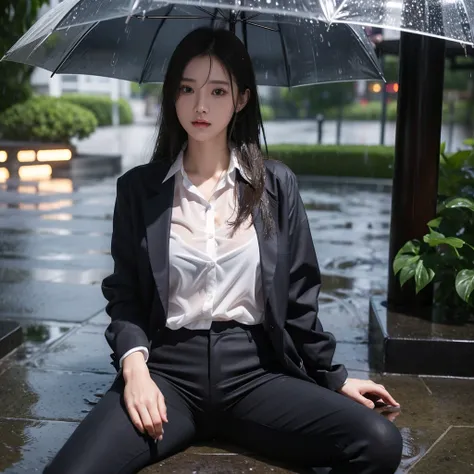 mini skirt、Leg spread、Hair getting wet in the rain、Transparent shirt、Beautiful woman getting wet in the rain、typhoon、Get wet without an umbrella、Beautiful woman in the rain、雨で濡れたBeautyOL、Detailed face、Realistic、beautiful girl、Beauty、Office Lady Uniform、bea...