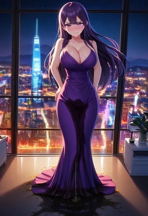 woman, very dark purple hair, purple eyes, long hair, large breasts, very long dress, very tight dress, standing straight, (wetting herself:1.5), best quality, ultra-detailed, HDR, studio lighting, professional, vivid colors, sharp focus, bokeh, landscape,...